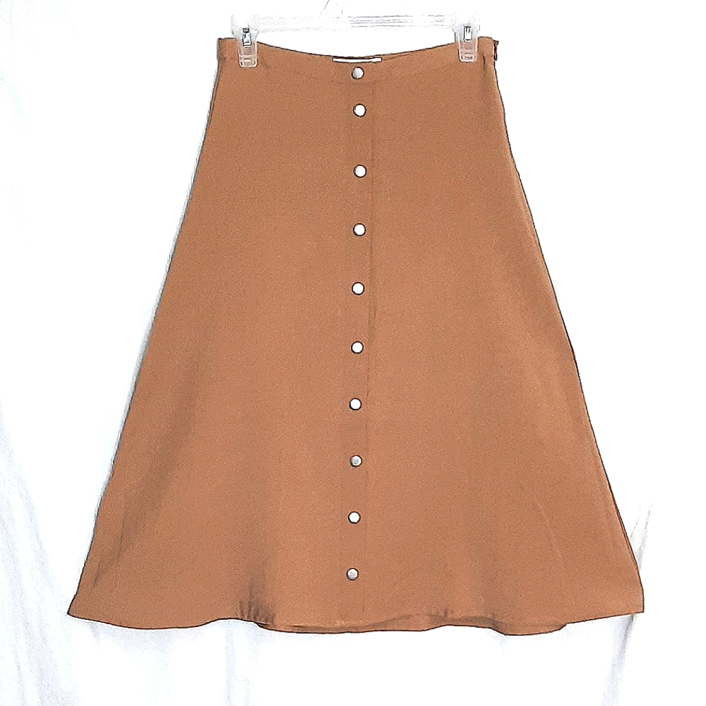 MNG Long Button Down, Tan A-Line Flare Skirt, Perfect for the Season